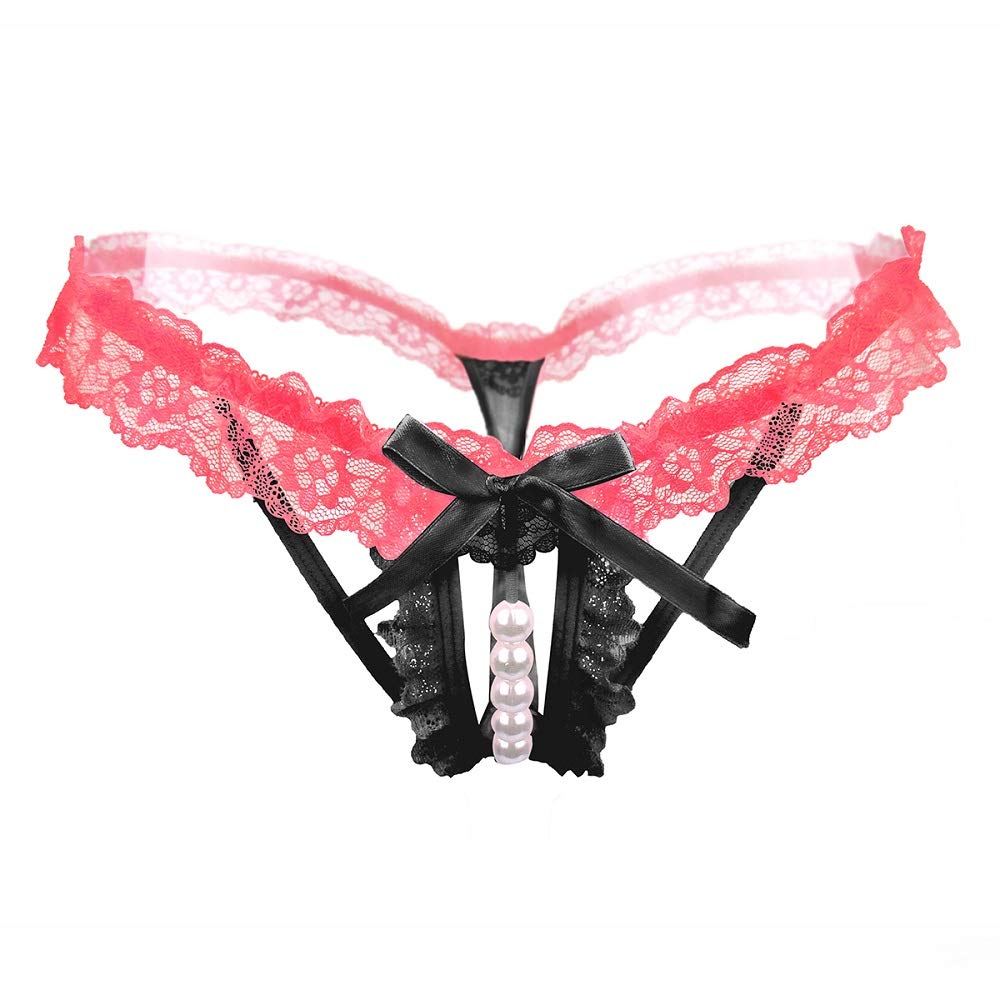Black-Ligh Pink Lace + Pearls Crotchless Free Size Erotic Panty EPN-04567-BK-LPI