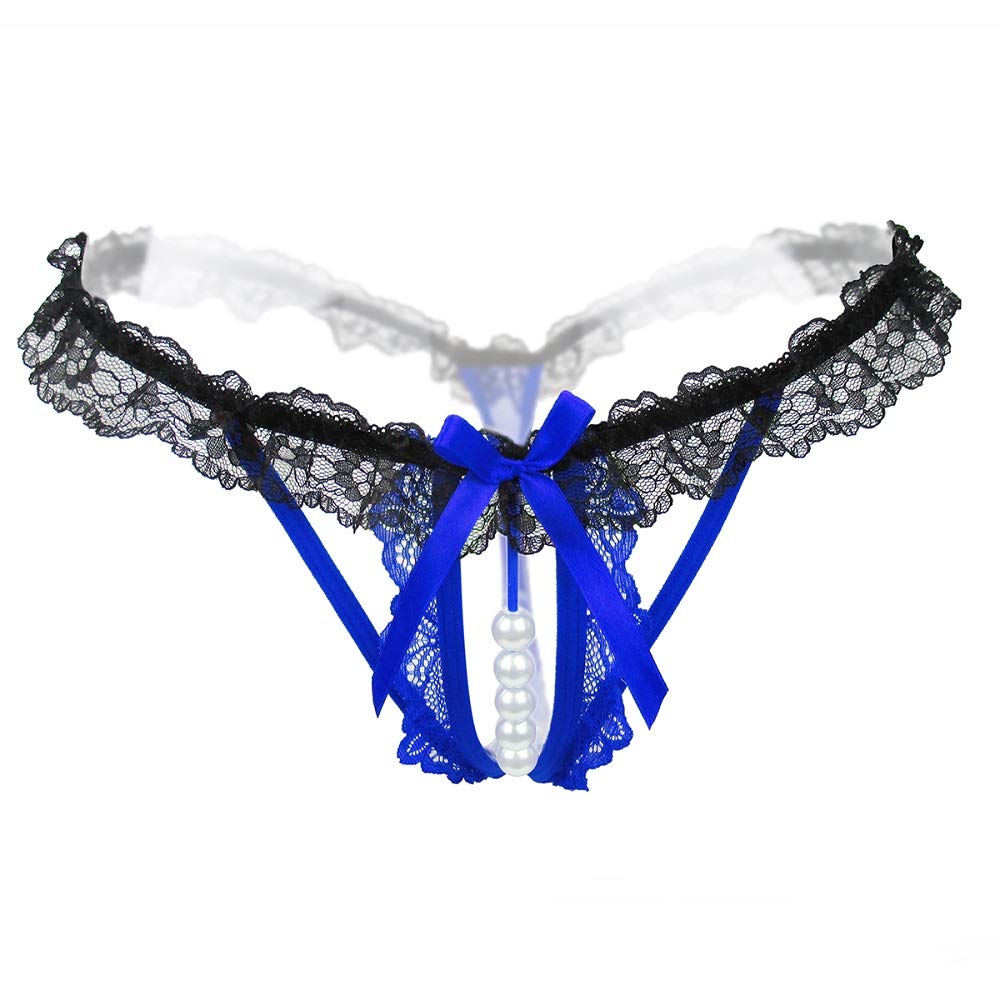 Royal Blue-Black Lace + Pearls Crotchless Plus Size Erotic Panty EPN-04567P-RBL-BK