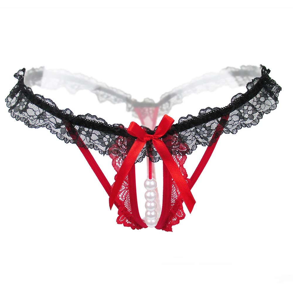 Red-Black Lace + Pearls Crotchless Free Size Erotic Panty EPN-04567-RD-BK