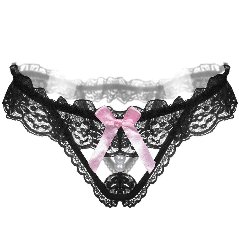 Black Lace + Pearls Crotchless Plus Size Erotic Panty EPN-04570P-BK
