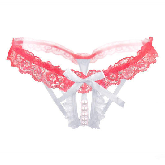 White-Light Pink Lace + Pearls Crotchless Plus 2 Size Erotic Panty EPN-04567P2-WH-LPI