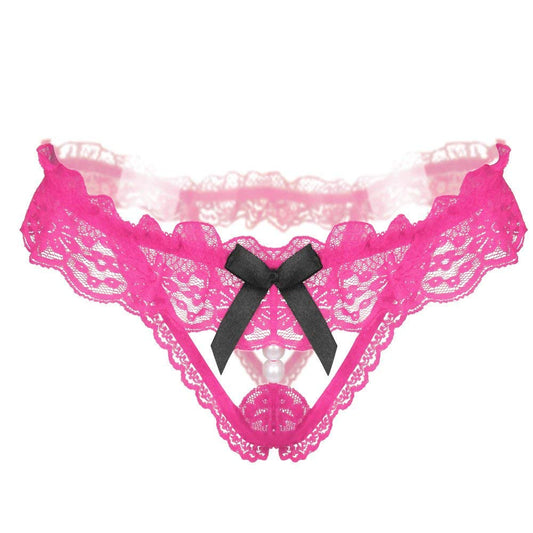 Rose Pink Lace + Pearls Crotchless Plus 2 Size Erotic Panty EPN-04570P2-RPI